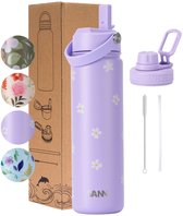 VANN® 3-Wandige RVS Drinkfles 650 ML met rietje voor volwassenen – Met 2 doppen – Thermosfles – 12 uur warm/24 uur koud – Bloemen fles – Cadeau voor man en vrouw – VANN FLOWER BOTTLE