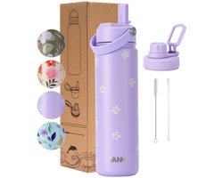 VANN® 3-Wandige RVS Drinkfles 650 ML met rietje voor volwassenen – Met 2 doppen – Thermosfles – 12 uur warm/24 uur koud – Bloemen fles – Cadeau voor man en vrouw – VANN FLOWER BOTTLE