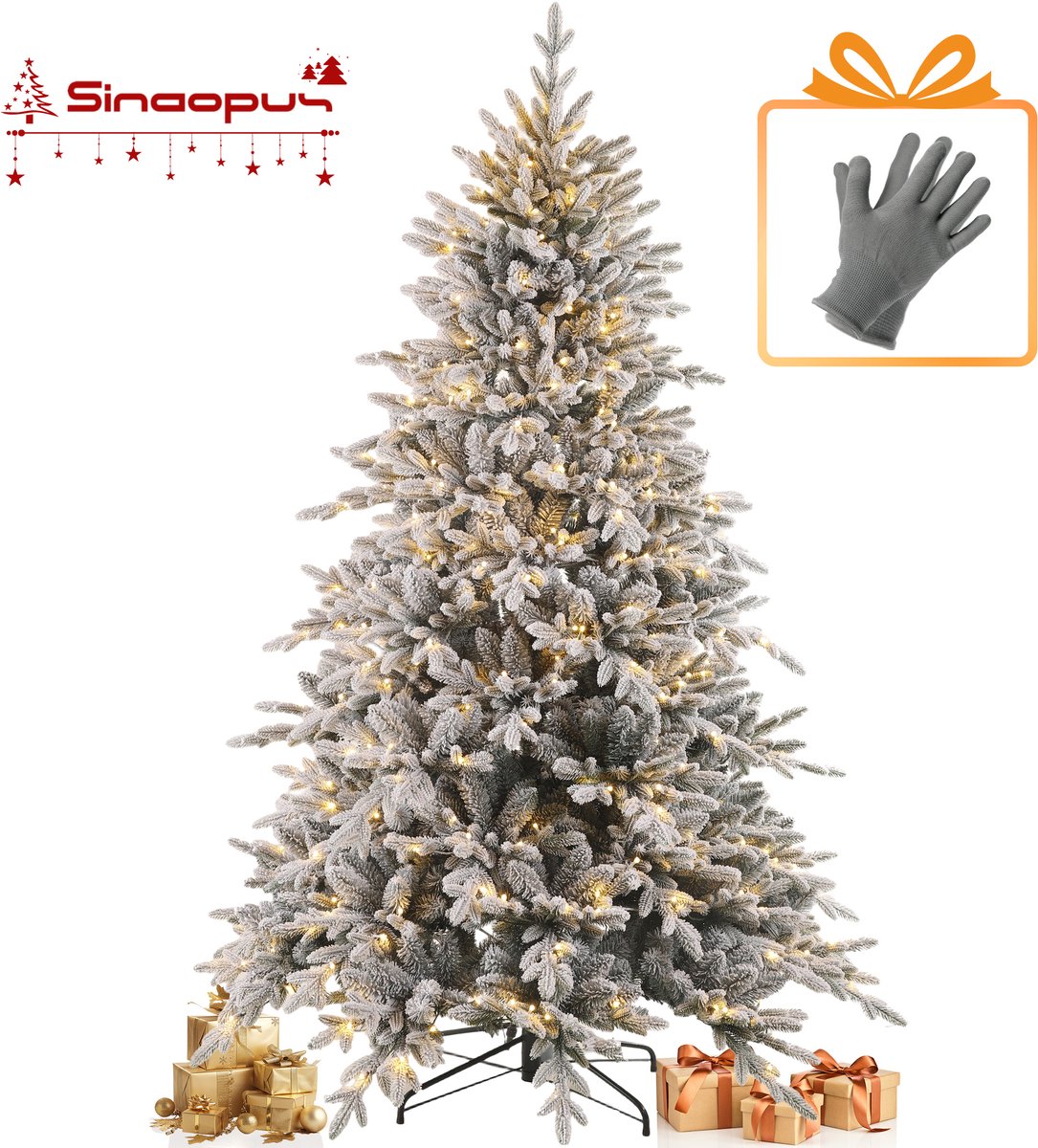 Sinaopus Kunstkerstboom – Met sneeuw – Met LED-verlichting (230 LED’s, 8 lichtmodi) – 1188takken – PVC/PE – Metalen Standaard – Snel opzetten – Opvouwbare takken – 185 cm Flocked kerstboom