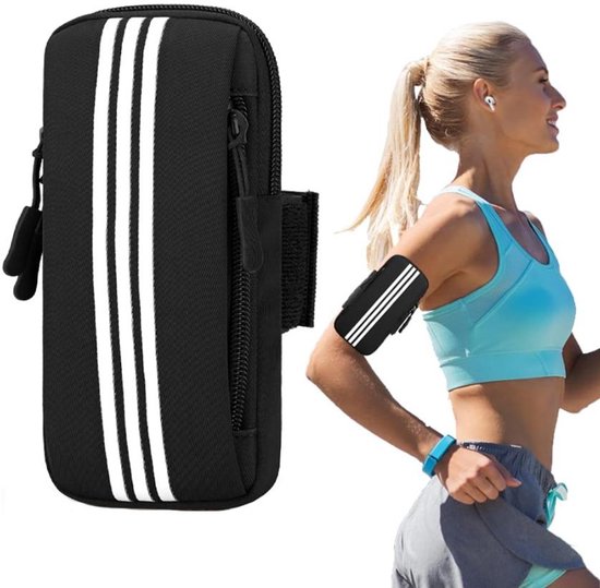 Hardloop Telefoonhouder t/m 6.5 inch - Hardloop Armband Universeel - Résistant à la sueur et séchage rapide - Compartiment de rangement pour cartes, clés et écouteurs - Brassard de sport - Brassard de course - Réglable - Zwart