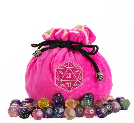 Sac à dés JOYADICE® D&D | Sac à dés Dungeons and Dragons | Sac de rangement en peluche douce | Sac de rangement DnD | Dés pour sac à dés | Sac Polydice | Velours | Rose