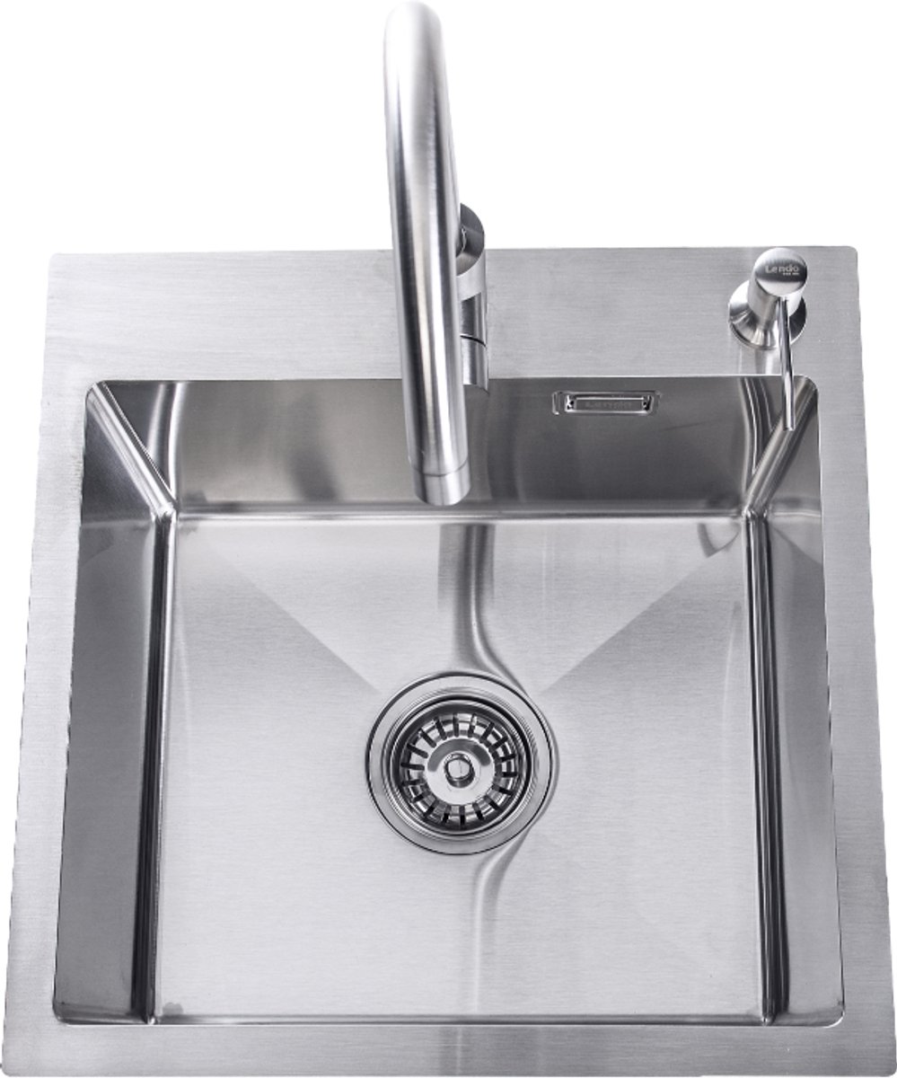 Lendo Online Spoelbak voor keuken met keukenkraan en zeepdispenser 440x440x200mm (44x44x20cm) RVS - Roestvrij staal - Wasbak met waterafvoersysteem - Gootsteen + bevestigingshaken Binnenmaat: 39x35cm