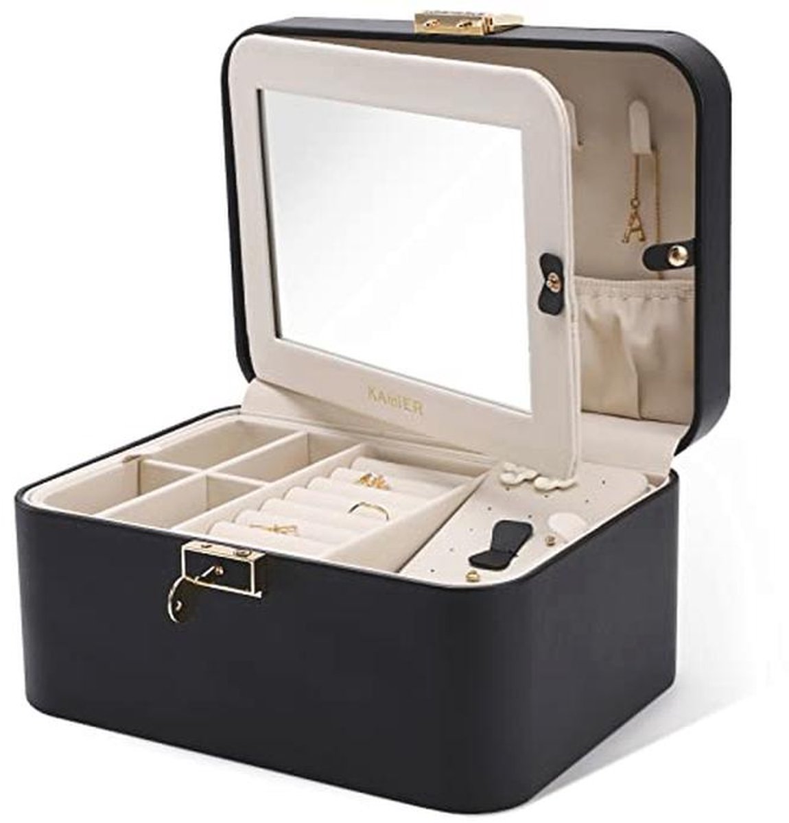 Dubbel Laags Leren Sieraden Organizer met Spiegel en Verwijderbare Scheidingswanden