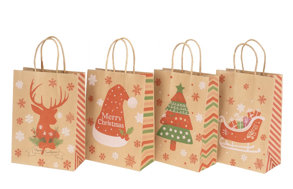 Kersttassen - Set Van 4 - Kerst Cadeautas - Bruin