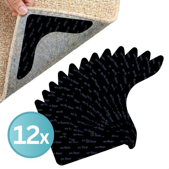 Een stapel zwarte antislip stickers met "on floor" tekst, met een beige tapijthoek en het cijfer "12x".