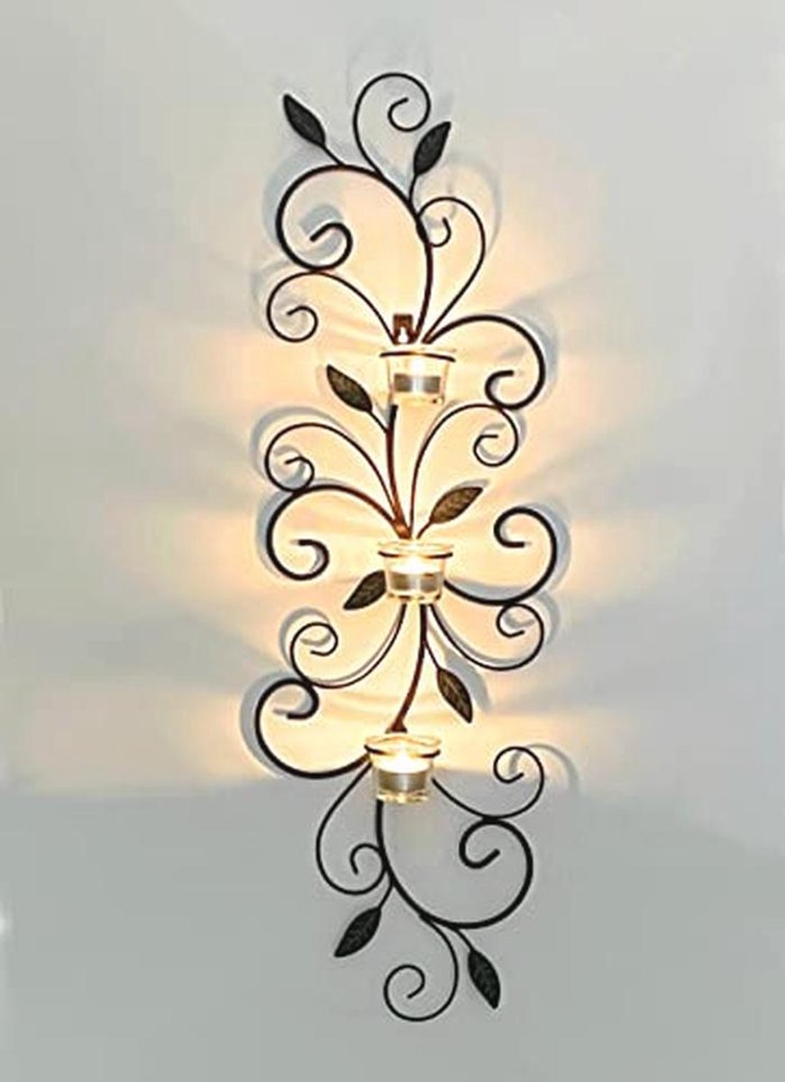 Wandtheelichthouder metaal bruin 75 cm - Elegante muurdecoratie voor sfeervolle verlichting