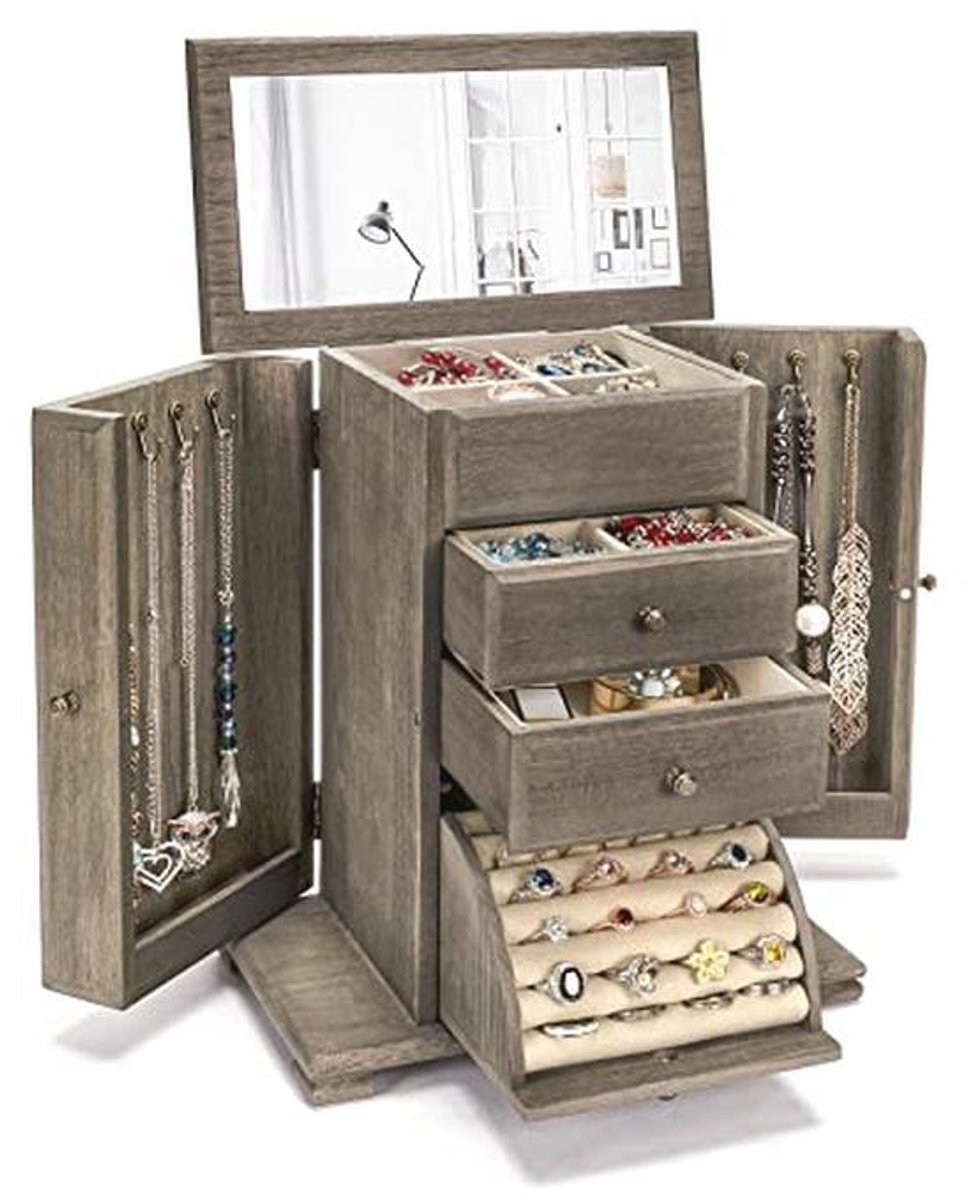 Rustieke Houten Sieradendoos met Spiegel - 4-laags Sieradenorganisator voor Ringen, Oorbellen, Kettingen en Armbanden