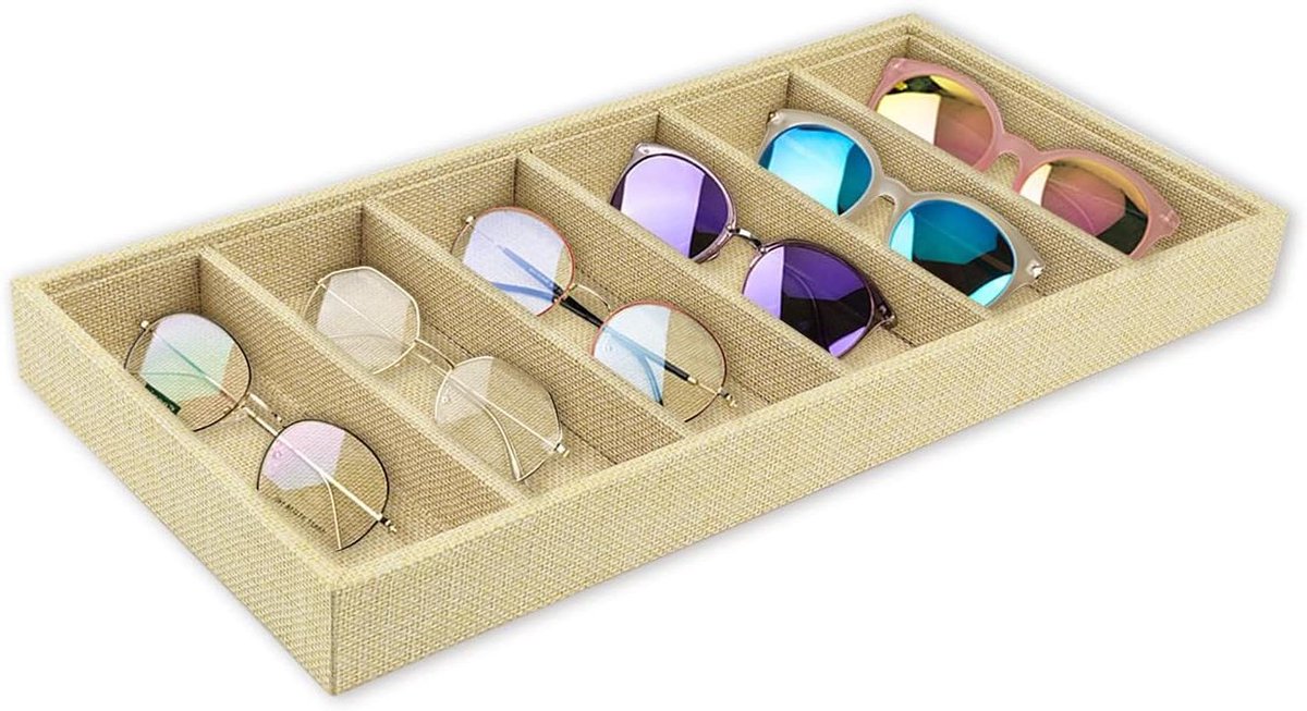 Nordivar - Zonnebril organizer lade met 6 roosters voor bril opslag, sieraden display lade voor horloge ringen kettingen armband, stapelbaar, mannen vrouwen - Kaki Jute.