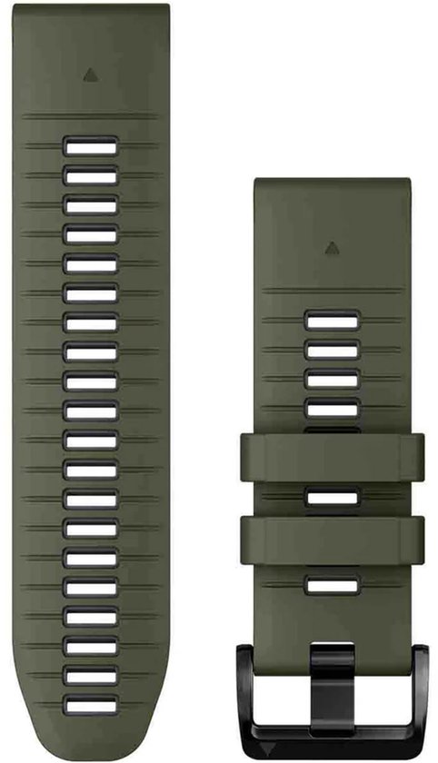 Groen Garmin QuickFit horlogebandje met zwarte gesp en ventilatieopeningen.