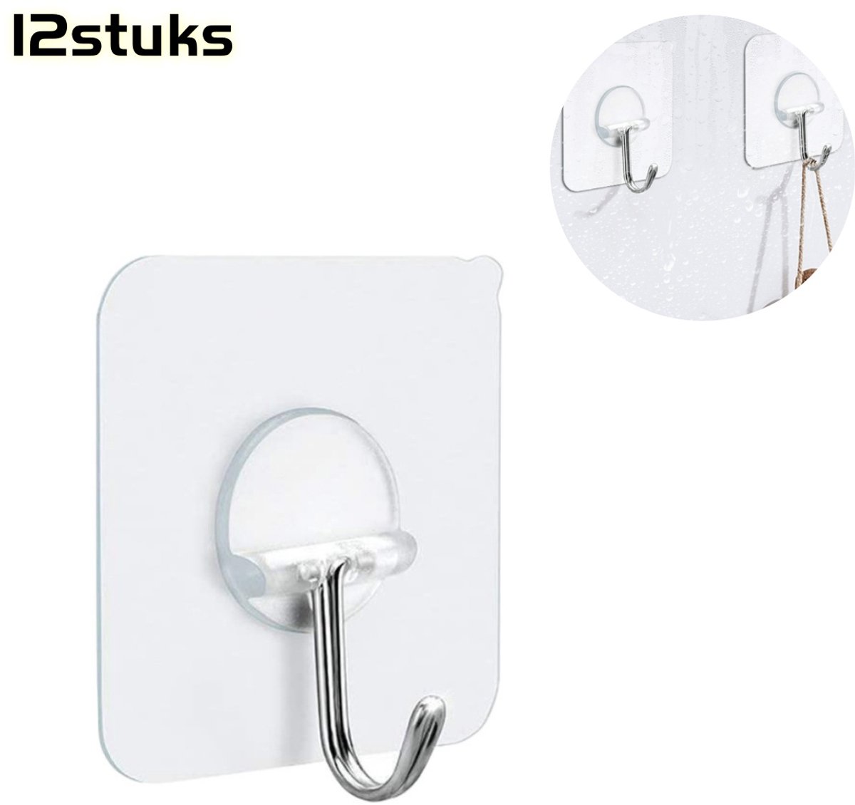 12 stuks - Haken - Transparante zelfklevende haken - Roestvrij staal - Boren niet nodig - Sterk draagvermogen zonder sporen - Deurhaken - Geschikt voor badkamers en keukens - 62x62mm - Transparante kleur