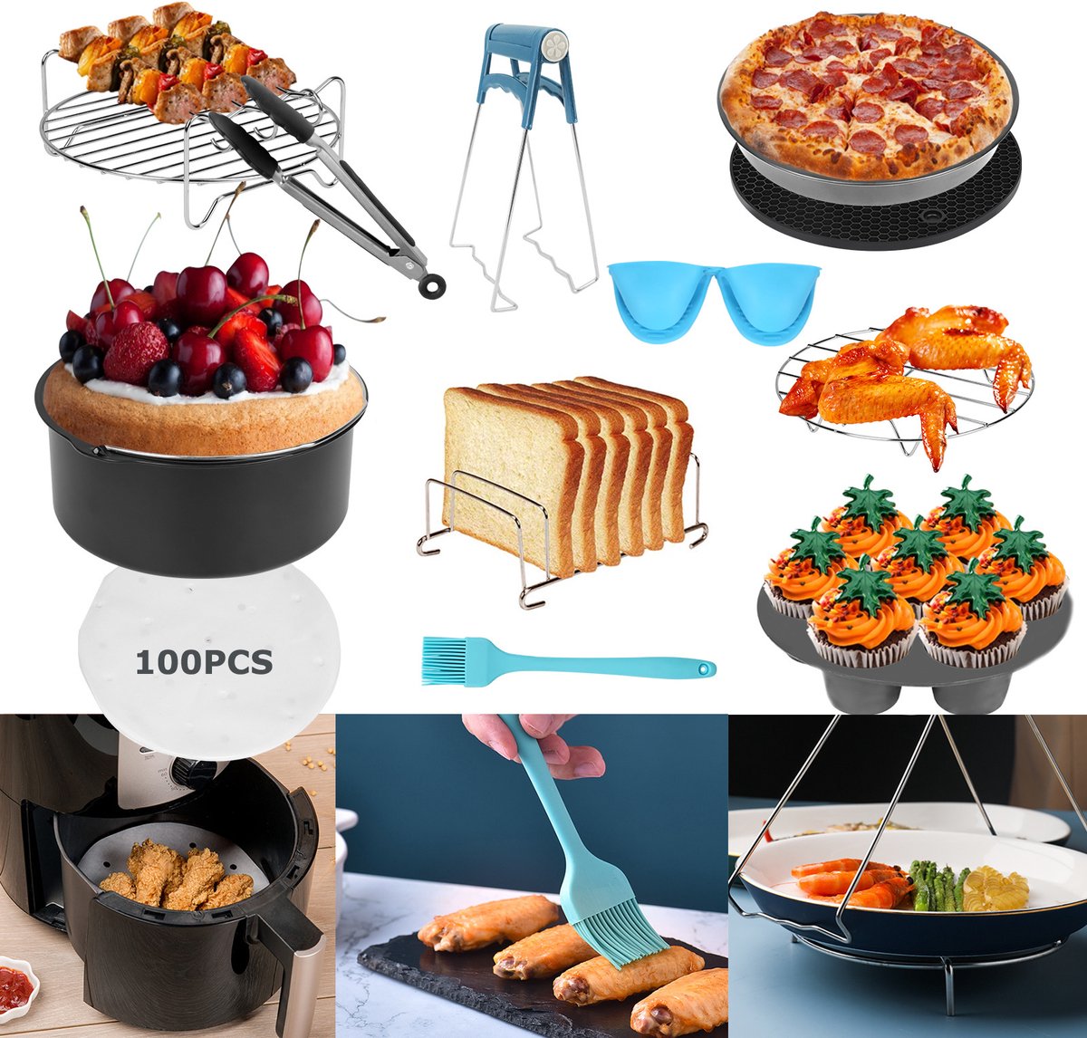 12-delige accessoire set voor heteluchtfriteuses Compatibel met ovens en magnetrons Siliconen accessoires 8-inch