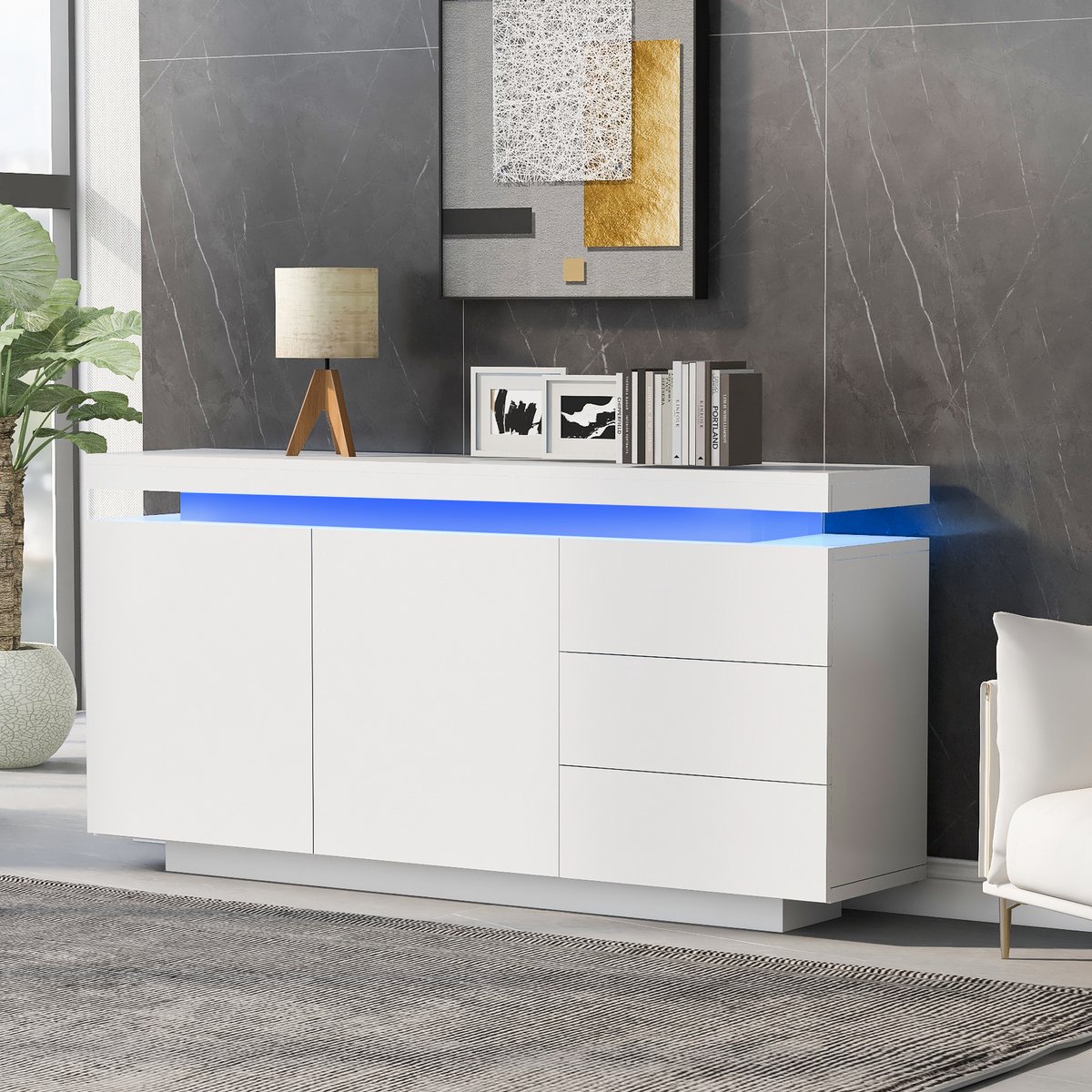 REDOM Luxe Sideboard Wit Hoogglans met RGB LED (140cm) - Modern Dressoir met Zwevend Effect & App-Bediening - 2 Deuren & 3 Lades