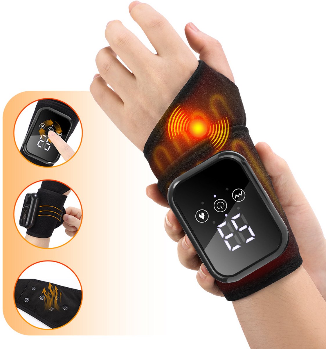 Elektrische verwarmingsarmband, warmtetherapie, polsband met verwarming en vibratie, handmassage-apparaat, handgewrichtsmassage-apparaat, trillende en verwarmende pols (zwart).