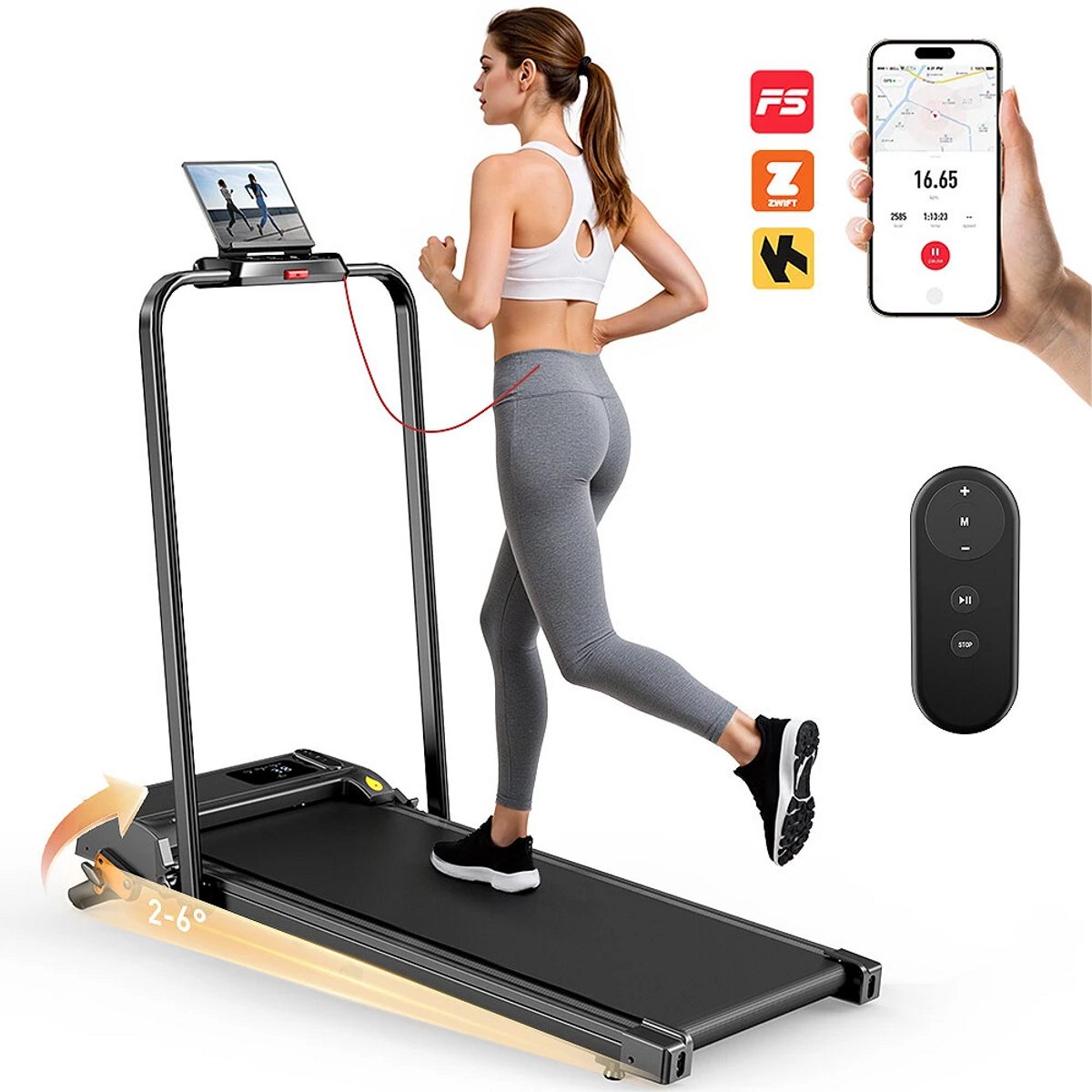 FT52 Loopband Met App, Hellingshoek 0-6%, Snelheid 1-12 km/u, 2,5 pk, Draagvermogen 120 kg, Met Bluetooth en Draadloze Afstandsbediening.