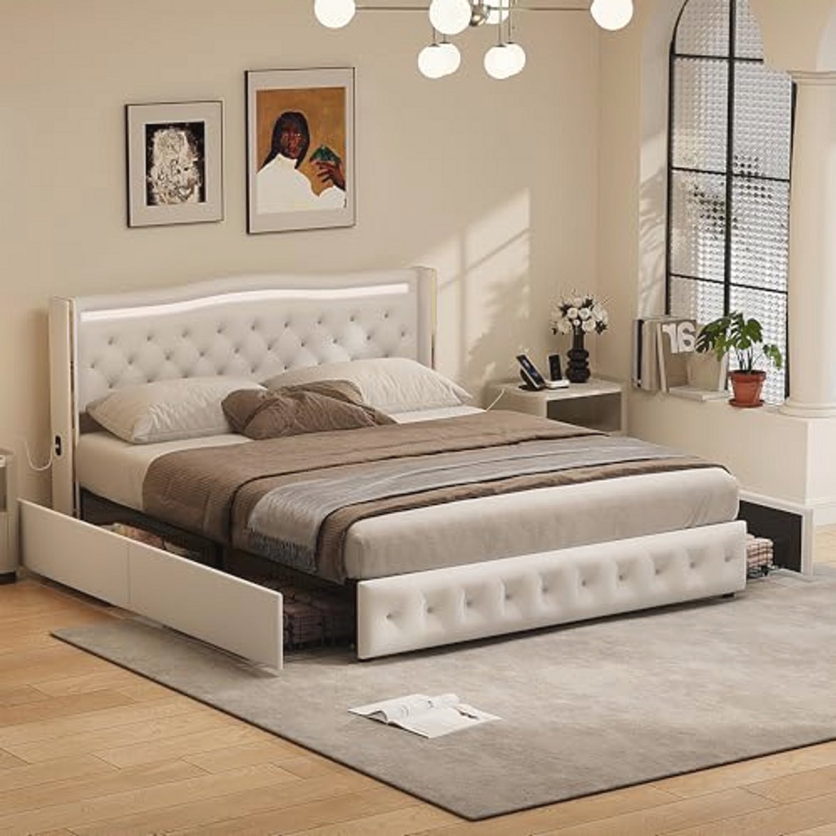 Gecapitonneerd Bed voor Twee Personen met Ledverlichting en USB-oplader - 140 x 200 cm