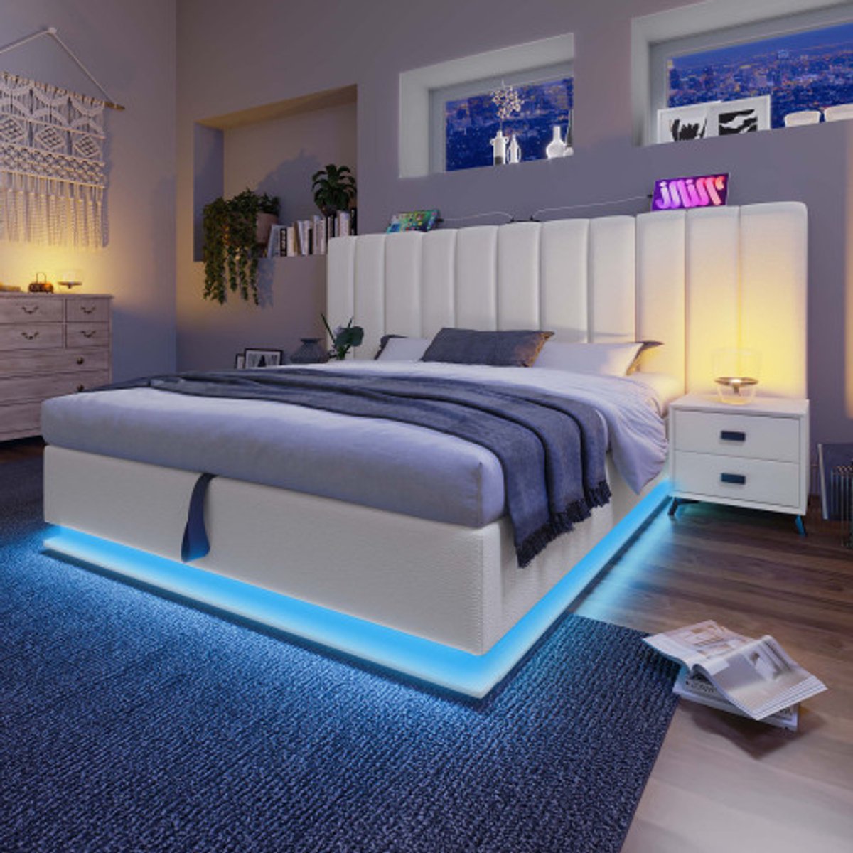 Gutent Gestoffeerd bed 180x200 cm-tweepersoonsbed met opbergruimte-bedframe met lattenbodem-PU-​​wit-zonder matras en nachtkastje