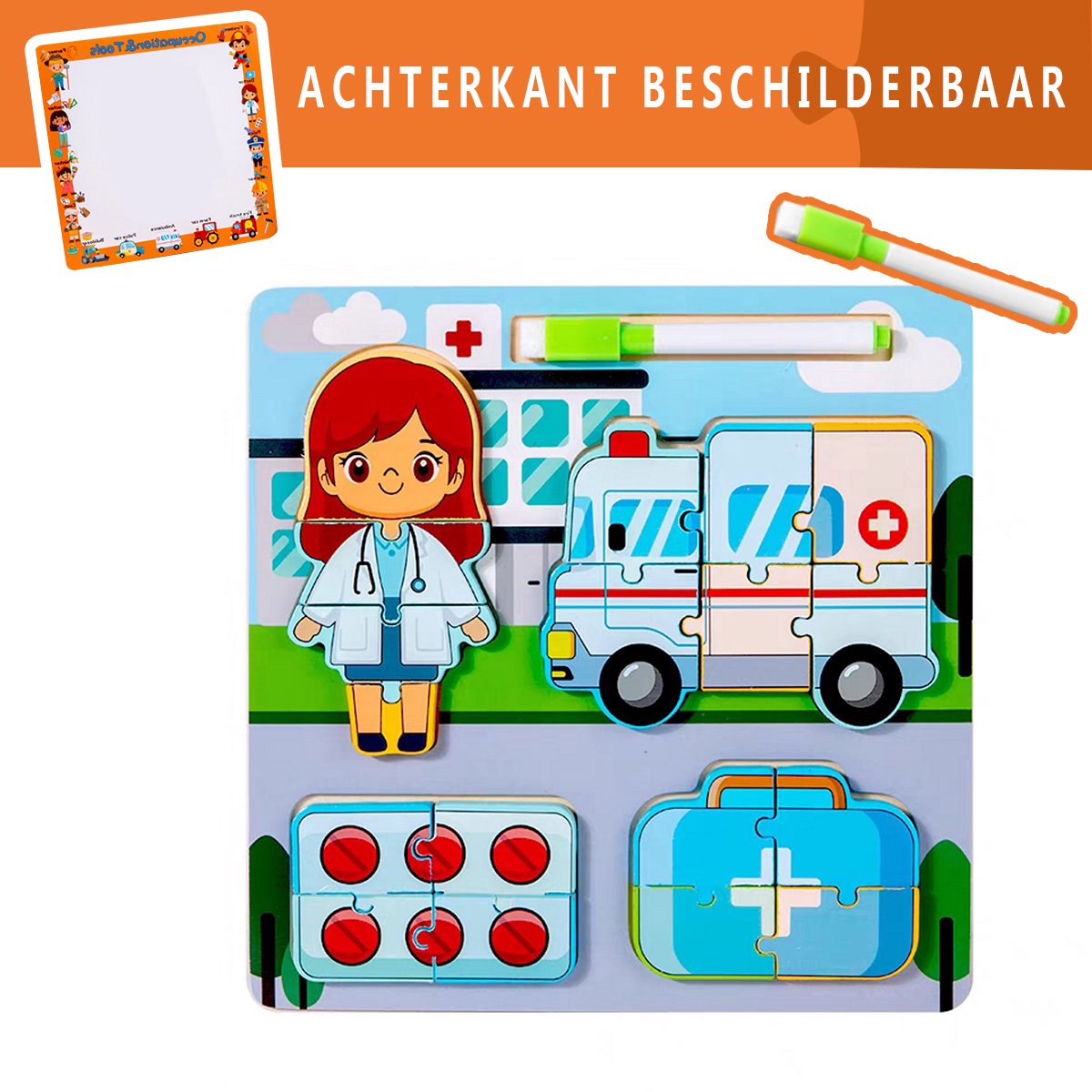 Houten 3D Inlegpuzzel - Chunky Puzzel - Dokter - Achterzijde beschilderbaar- Educatieve Speelset - Educatief Speelgoed met Tekenbord & Stift - Montessori Leren - Jongens Meisjes - Geschikt voor 2 3 4 5 Jaar - Cadeau peuter