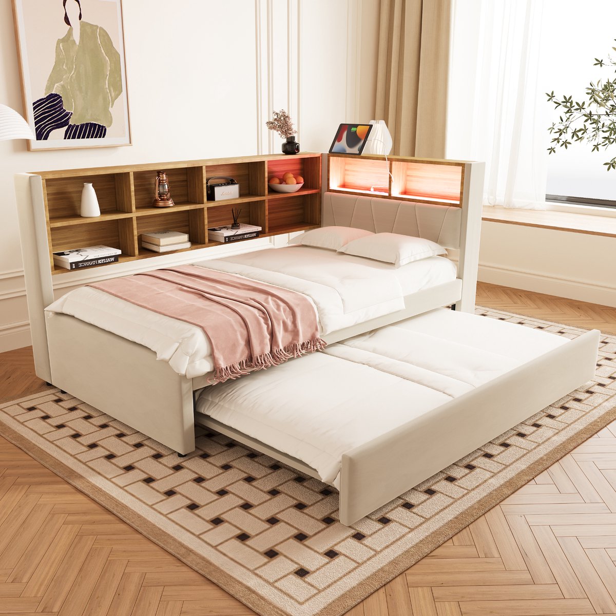MODFU Slaapbank 90x200 cm – Flanel beige – Met uitschuifbed (90x190 cm), LED & USB-C – Veel opbergruimte