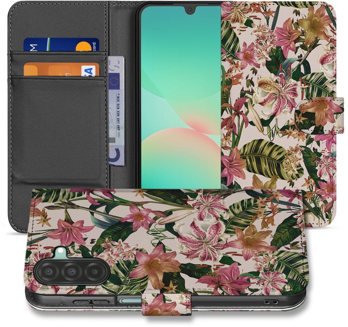 Samsung Galaxy A17 Bookcase Hoesje Paars Wit Flowers Met Pasjesvak