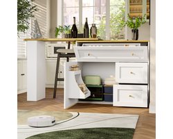 Wishdor Uitschuifbare Bartafel Met Opbergruimte - 360° Draaiplateau - Opklapbare Laden - MDF En Metaal - Wit - 138-204 x 39 x 105 cm
