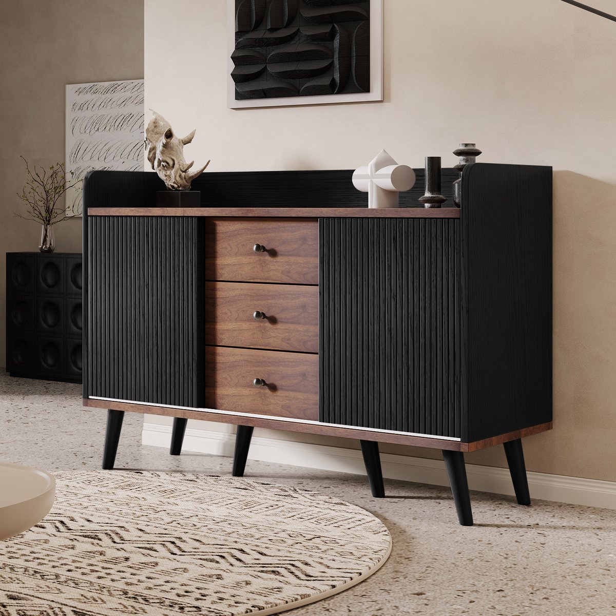 Wishdor Dressoir - Gestreepte Schuifdeuren - 3 Lades - Verstelbare Planken - Spaanplaat - Zwart - 117,5 x 40 x 80 cm Black
