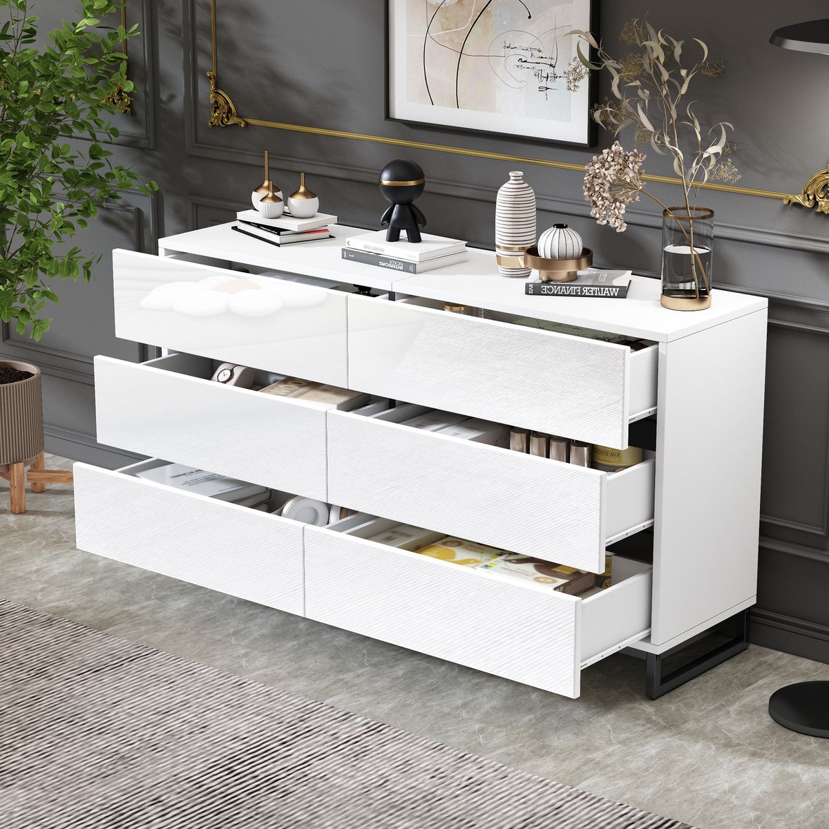 Wishdor Dressoir 140 cm - 6 Lades - Greeploos Hoogglans Wit & Zwart Metaal - Ladekast / TV-Meubel