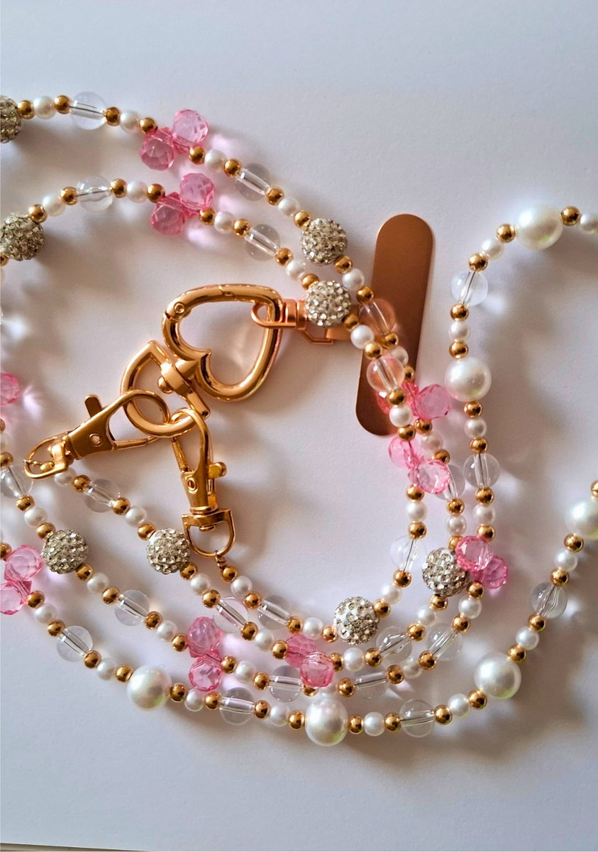 TWOA - telefoonketting - telefoonkoord - telefoonketting met parels, roze kralen, glimmende kralen en rose gouden accenten