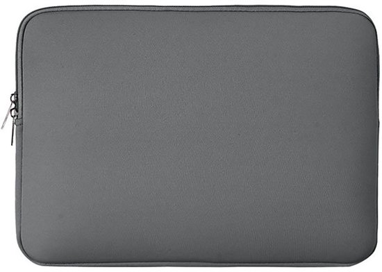Housse grise pour ordinateur portable avec fermeture éclair, posée à plat.