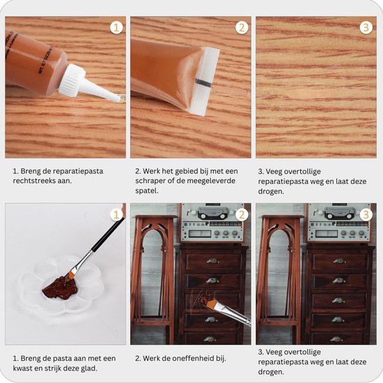 Illustraties tonen hoe reparatiepasta met tube of kwast wordt aangebracht op hout en hoe overtollige pasta wordt verwijderd.