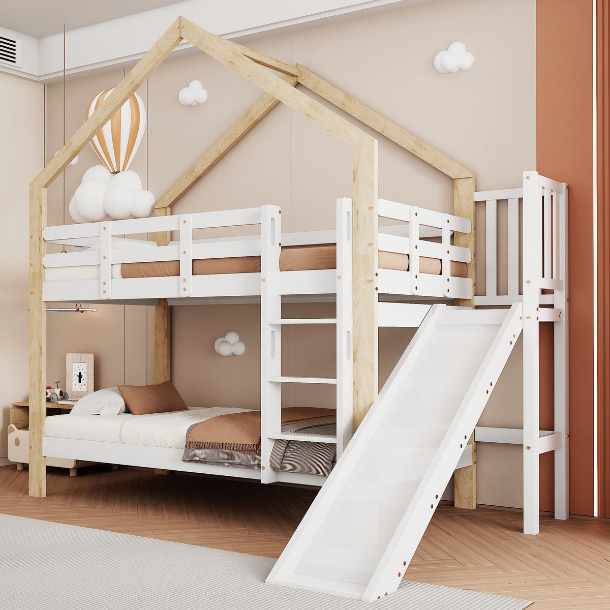 MODFU Kinderstapelbed 90x200 cm – 245x164x223 cm – Met glijbaan & 3-traps ladder – Veiligheidsreling – Wit/naturel – Huisdesign