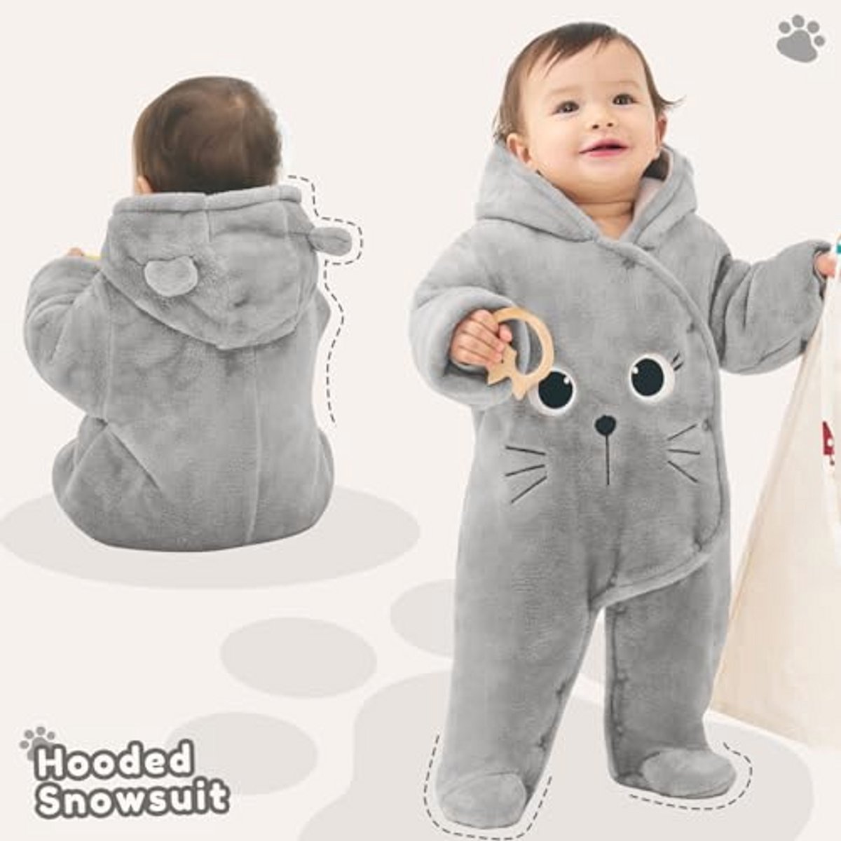 Winter Playsuit voor Pasgeborenen met Capuchon en Voeten, 0-12 Maanden