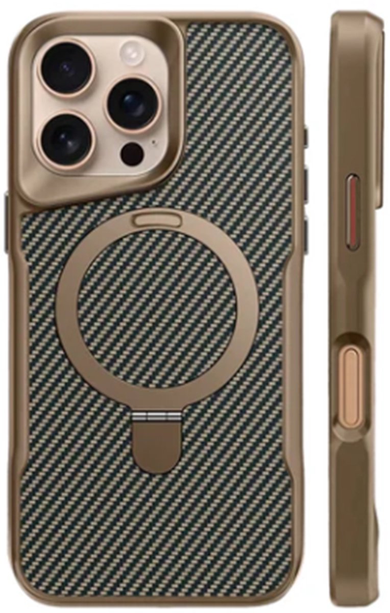 Hoesje Geschikt voor Apple iPhone 16 Pro - Goud - Geschikt voor MagSafe - Luxe Casemania Carbon Back Cover met Kickstand Ring en Verhoogde Camera Veiligheidsranden