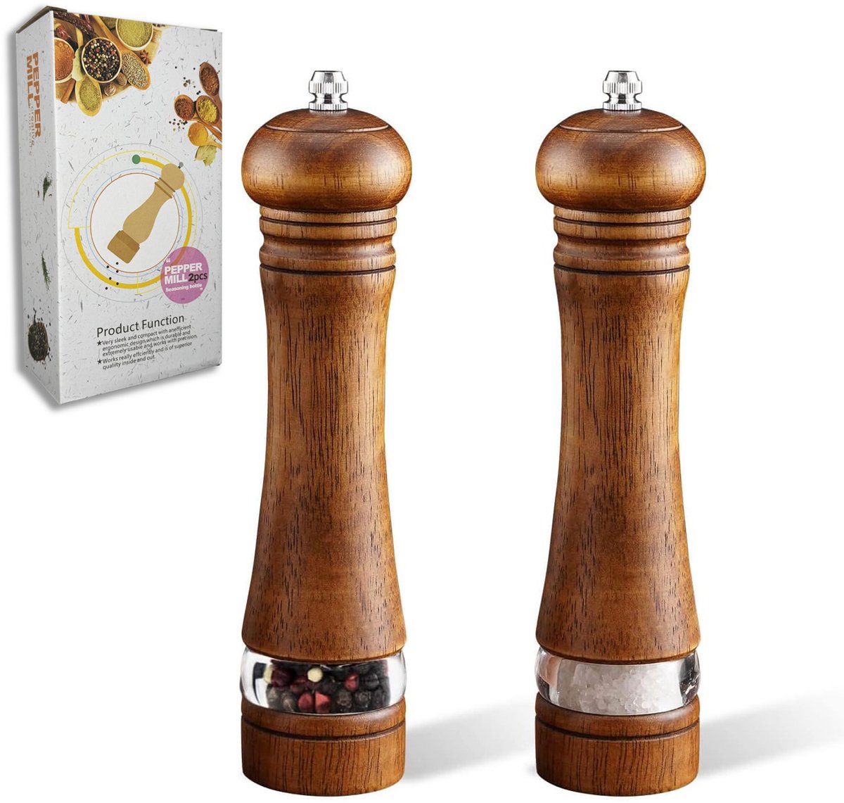 Rivv Houten Peper & Zoutmolen Set - 2-delige Pepermolen & Zoutmolen - Premium Handmatige Kruidenmolens met Doorzichtig Venster - 20 cm - Hout & RVS Maalschijf