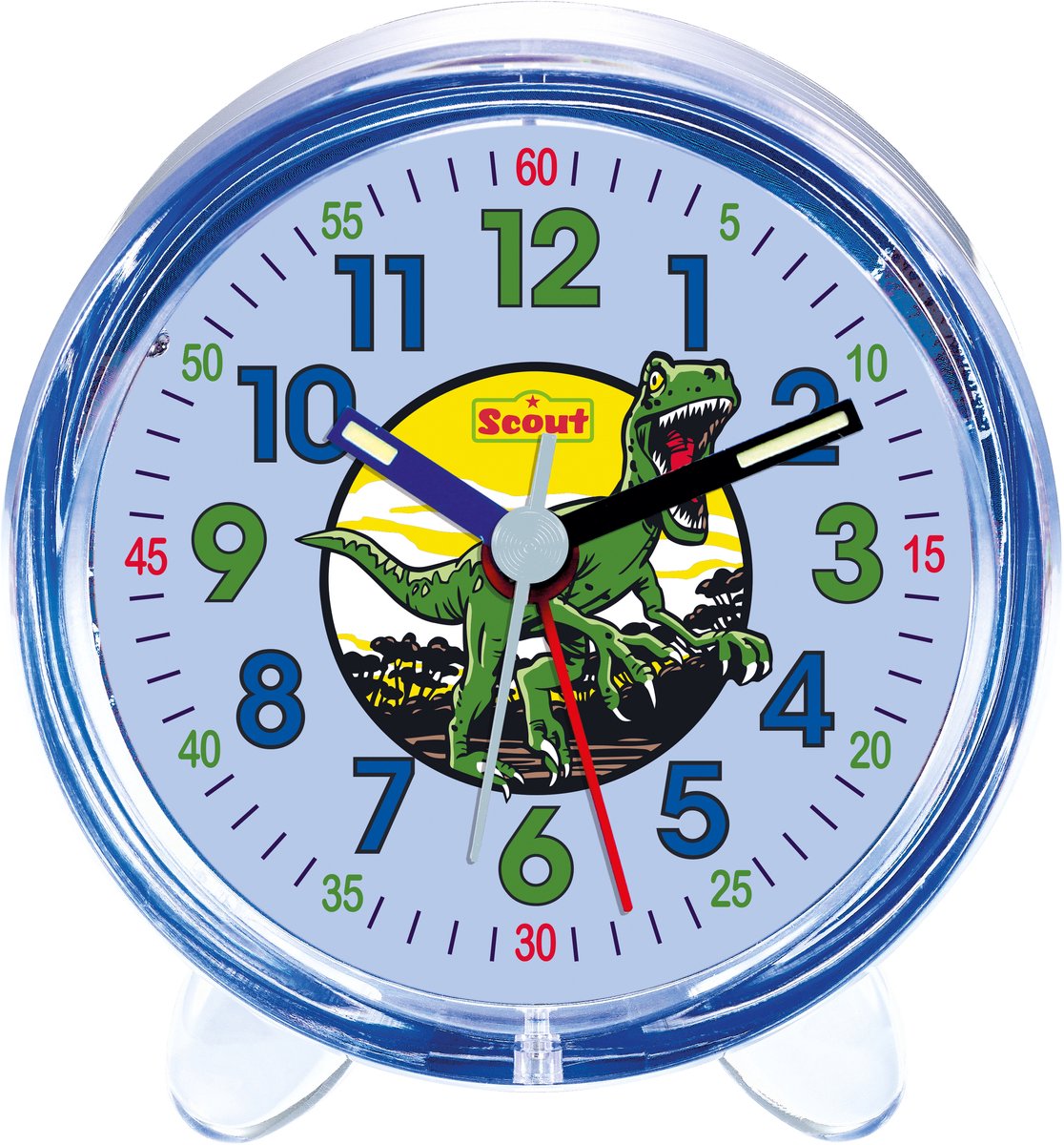 Scout Wecker analog mit blauem Gehäuse, Lernziffernblatt und Dino-Motiv