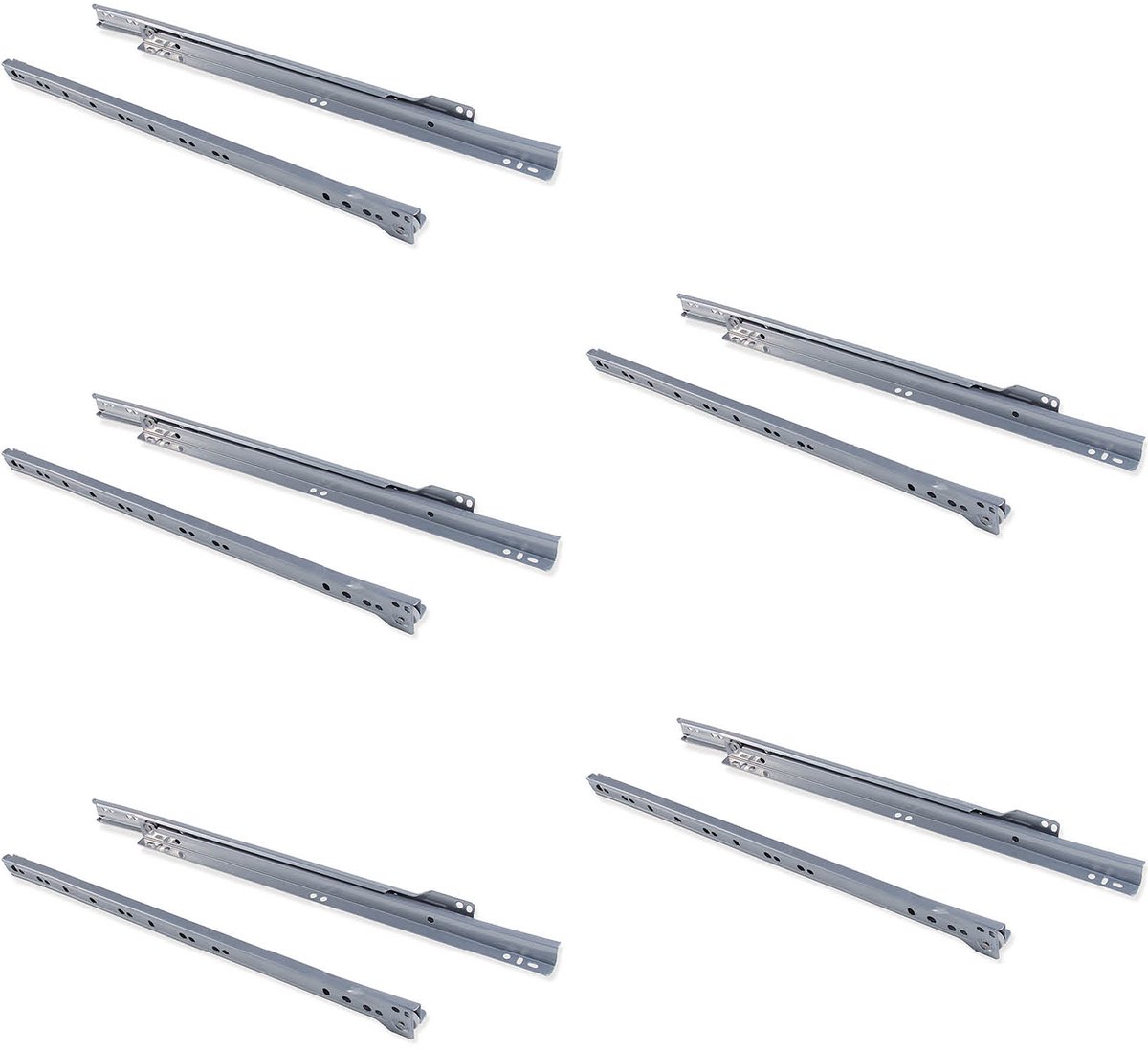 Emuca Lot van 5 sets T30 Ladegeleiders, valslot, lengte 600mm, uitschuifbaar, Staal, Grijs metallic