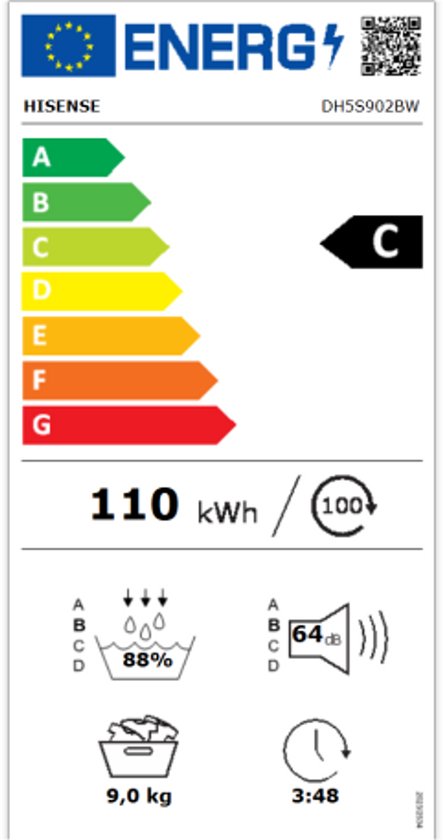 Energie-etiket van Hisense DHS902BW wasdroger, klasse C, 110 kWh/100 cycli.