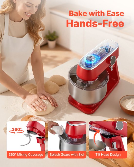 7,4 L Elektrische Standmixer, 1800W Keukenmixer met 10 Snelheden, Kantelbaar Kopontwerp, Roestvrijstalen Kom, Deeghaak Garde en Klopper voor Bakken, Mixen, Kloppen en Kneden, Zilver van Merkloos — afbeelding 3