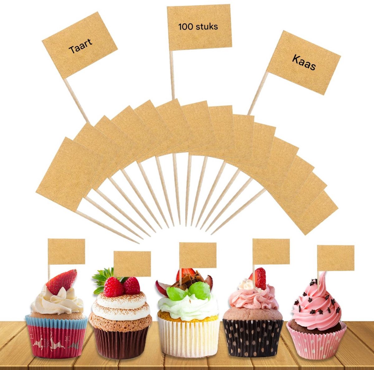 QTTVBTNA 100 Stuks Kraft Papier Tandprikker Vlaggetjes – Food Flags – Buffet & Party Labels – Flags with Wooden Sticks for Cupcake Toppers – Beschrijfbaar – 25 × 35 mm