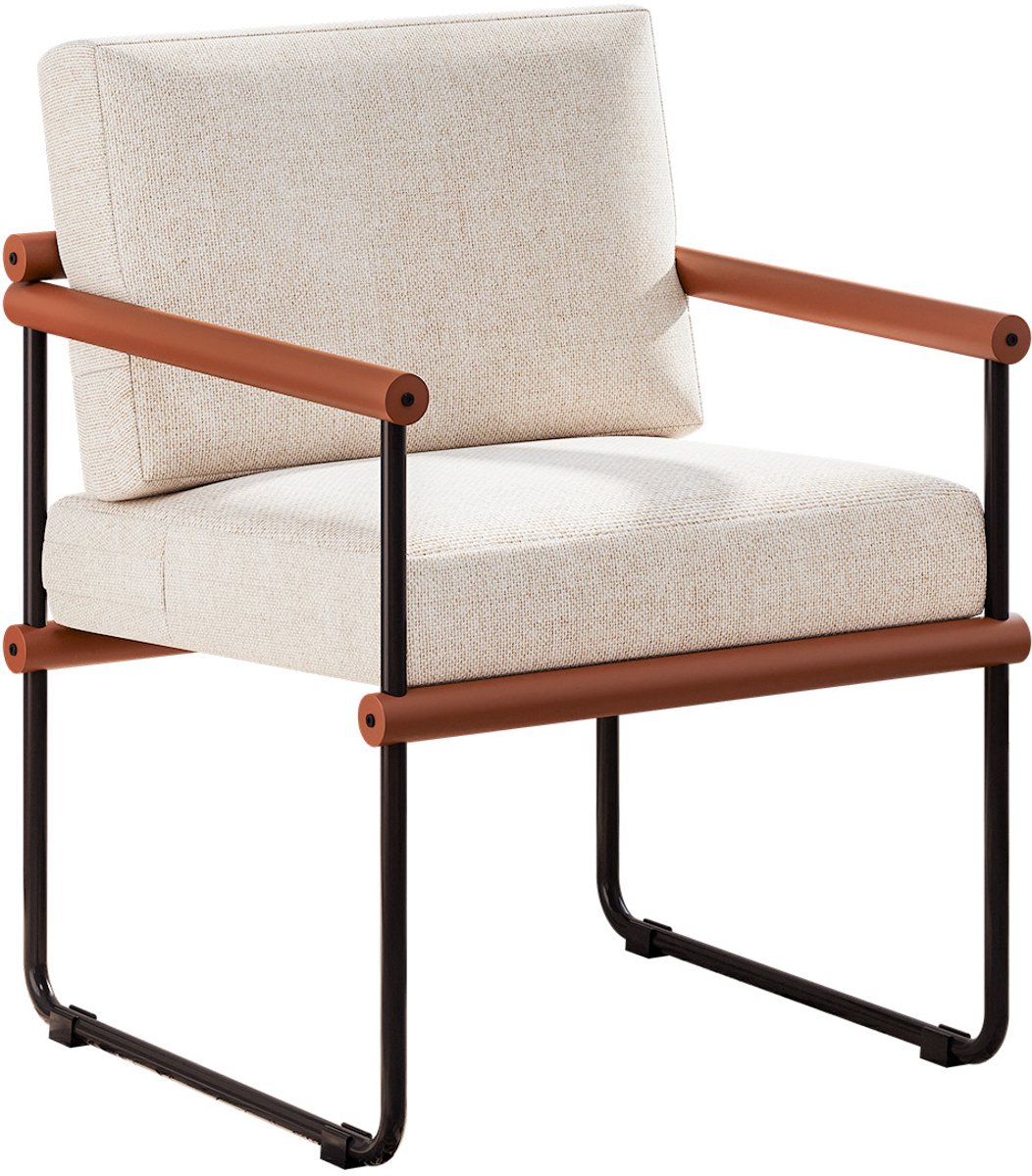 Fauteuil - Loungestoel met metalen frame - Relaxfauteuil met schuimkussen - Rugleuning - Stof van katoen en linnen - Mat gelakt - Metalen leesstoel geschikt voor woonkamer en slaapkamer - Zwart en bruin