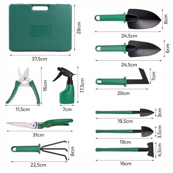 Tuingereedschap set in koffer, tuinierset, tuinsetje, 10 delige, tuin, gereedschap, tuinschaar, handschep, handhark, plantenspuit, haakvormige voegenkrabber, bloemenschepje, bloemenschaar, grasschaar en heggenschaar tuin gereedschap- handgereedschap van Kinzo Garden — afbeelding 2