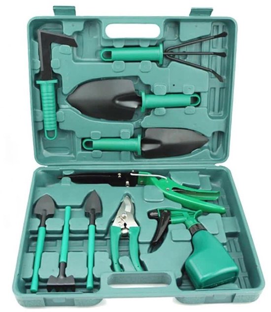 Tuingereedschap set in koffer, tuinierset, tuinsetje, 10 delige, tuin, gereedschap, tuinschaar, handschep, handhark, plantenspuit, haakvormige voegenkrabber, bloemenschepje, bloemenschaar, grasschaar en heggenschaar tuin gereedschap- handgereedschap van Kinzo Garden — afbeelding 3