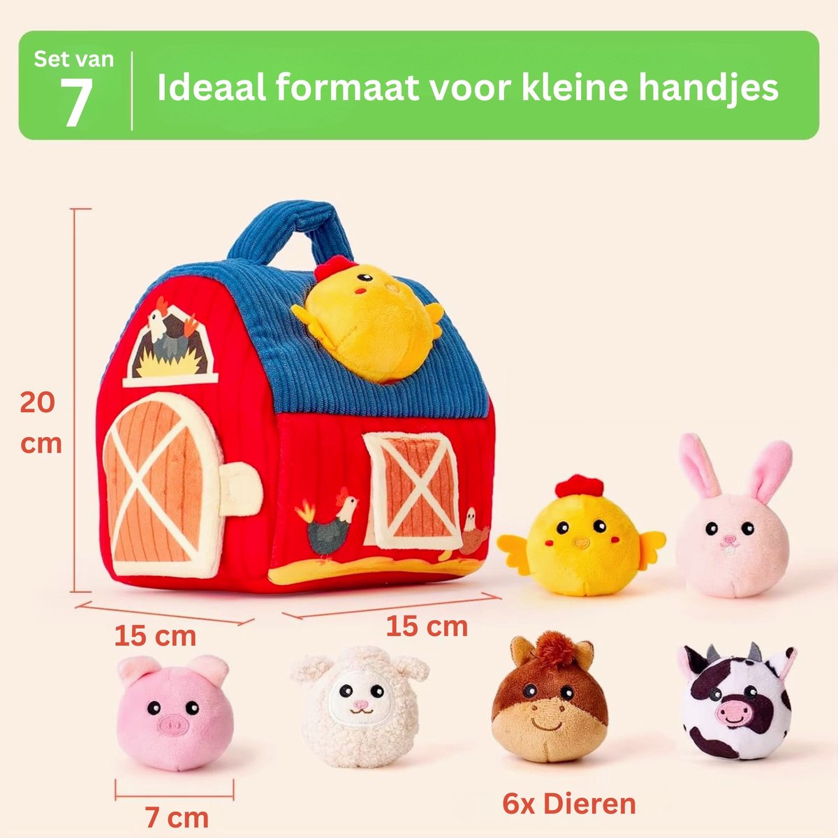Baby Speelgoed 6-12 maanden - Sensorisch Pluche Speelgoed met Stal en 6 Dierenvriendjes - Montessori Speelgoed met Boerderijdieren - Baby Cadeau met Knuffels - Educatief speelgoed - Kinderspeelgoed 1-3 jaar — afbeelding 2