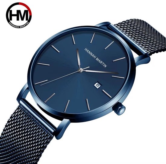 Hannah Martin blauw herenhorloge met datum, zilverkleurige wijzers en mesh band. HM logo zichtbaar.