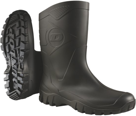 Zwarte Dunlop kuitlaarzen, met profielzool en Dunlop logo.