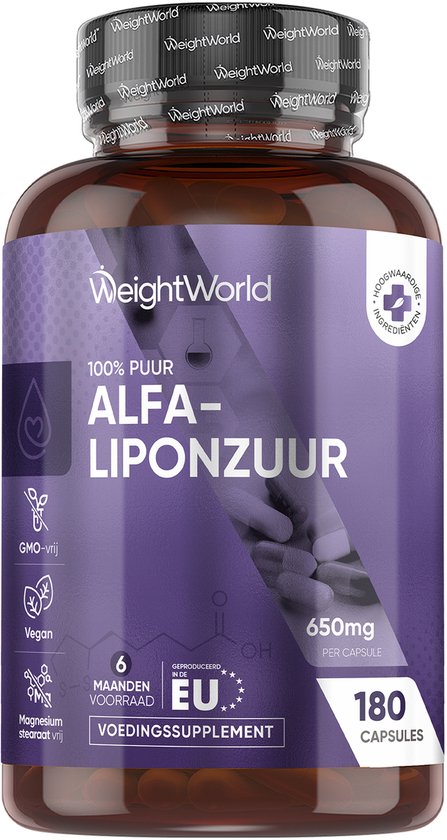 Fles WeightWorld 100% pure Alfa-Liponzuur met 180 capsules. Iconen tonen: GMO-vrij, vegan, 6 maanden voorraad, gemaakt in de EU, magnesium stearaatvrij.