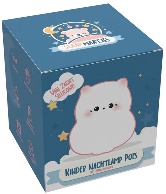 Verpakking van een wit katten nachtlampje van zacht siliconen. De doos is blauw met een slaapthema en toont de lamp.