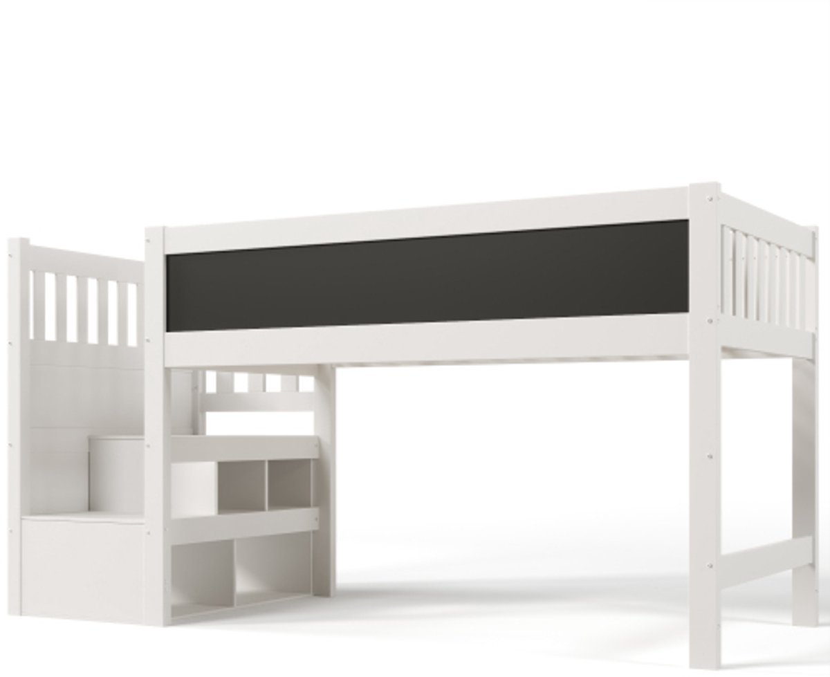 Kinderbed Hoogbed 253 x 97 x 112 cm Wit Metalen Lattenbodem Met Whiteboard Schoolbord Opbergruimte Valbeveiliging Zonder Matras Voor Kinderkamer Slaapkamer Speelkamer