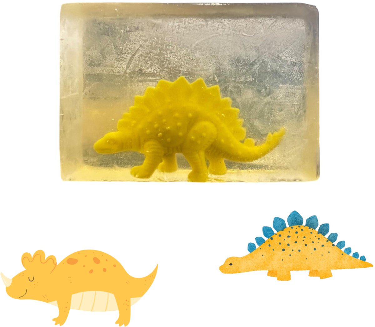 De Vitamineshop - Zeep - Natuurlijke Kinderzeep Blok - Speelgoed Zeep – 100% Natuurlijke & Handgemaakte Zeep - Zeep met speelgoed - voor Jongens en Meisjes - Handzeep - Douchezeep - Gele Dinosaurus - Cadeau - 120 gr