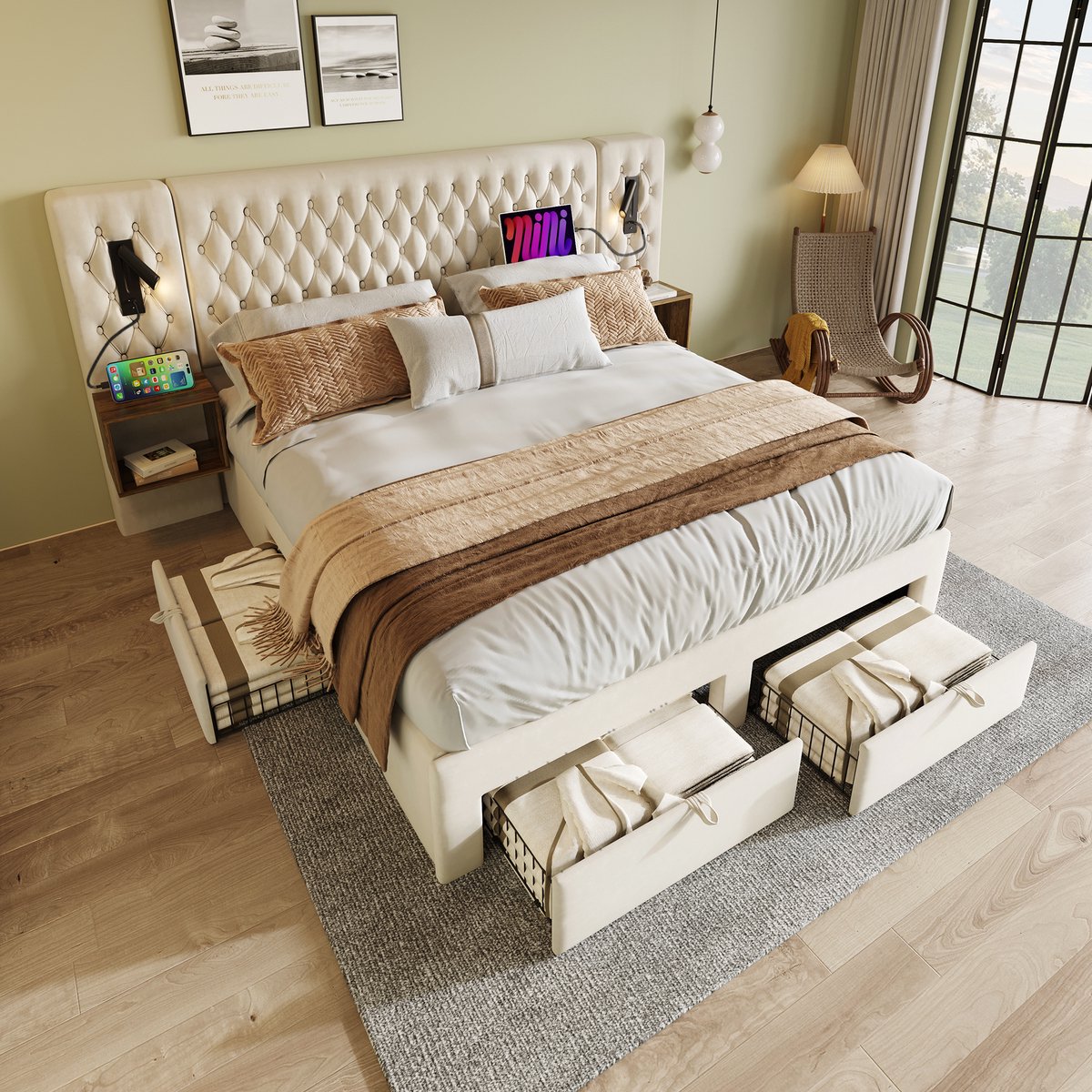 REDOM gestoffeerd tweepersoonsbed 160x200 cm – Beige velvet – Compleet met 2 nachtkastjes,