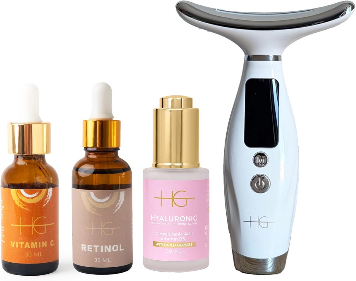 HG Aesthetics Hydrate & Verstevig Huidverzorgingsset – Hyaluronzuur Serum | Retinol Serum | Vitamine C Booster Serum | Nekverstevigingsapparaat – Hydratatie, Anti-Aging & Huidverheldering - cadeautje vrouw